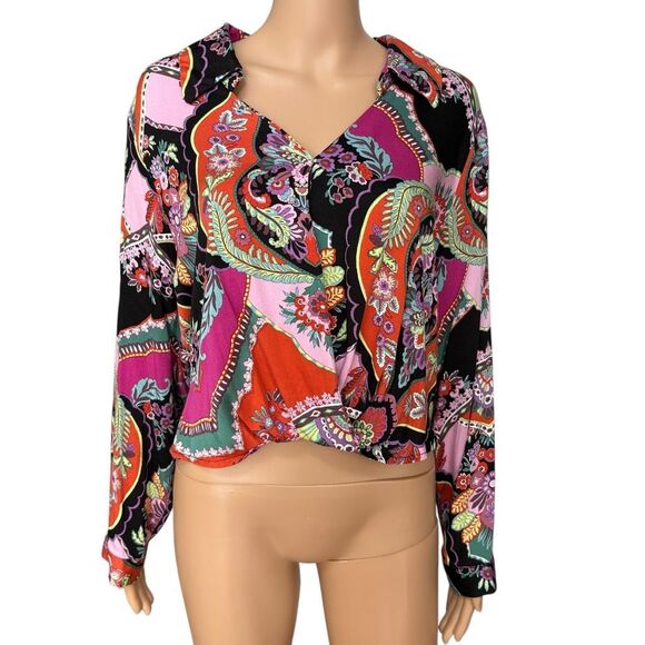 Rachel Zoe Cropped Wrap Top Collared Blouse Floral Black Boho Multi Size XL - Picture 1 of 8